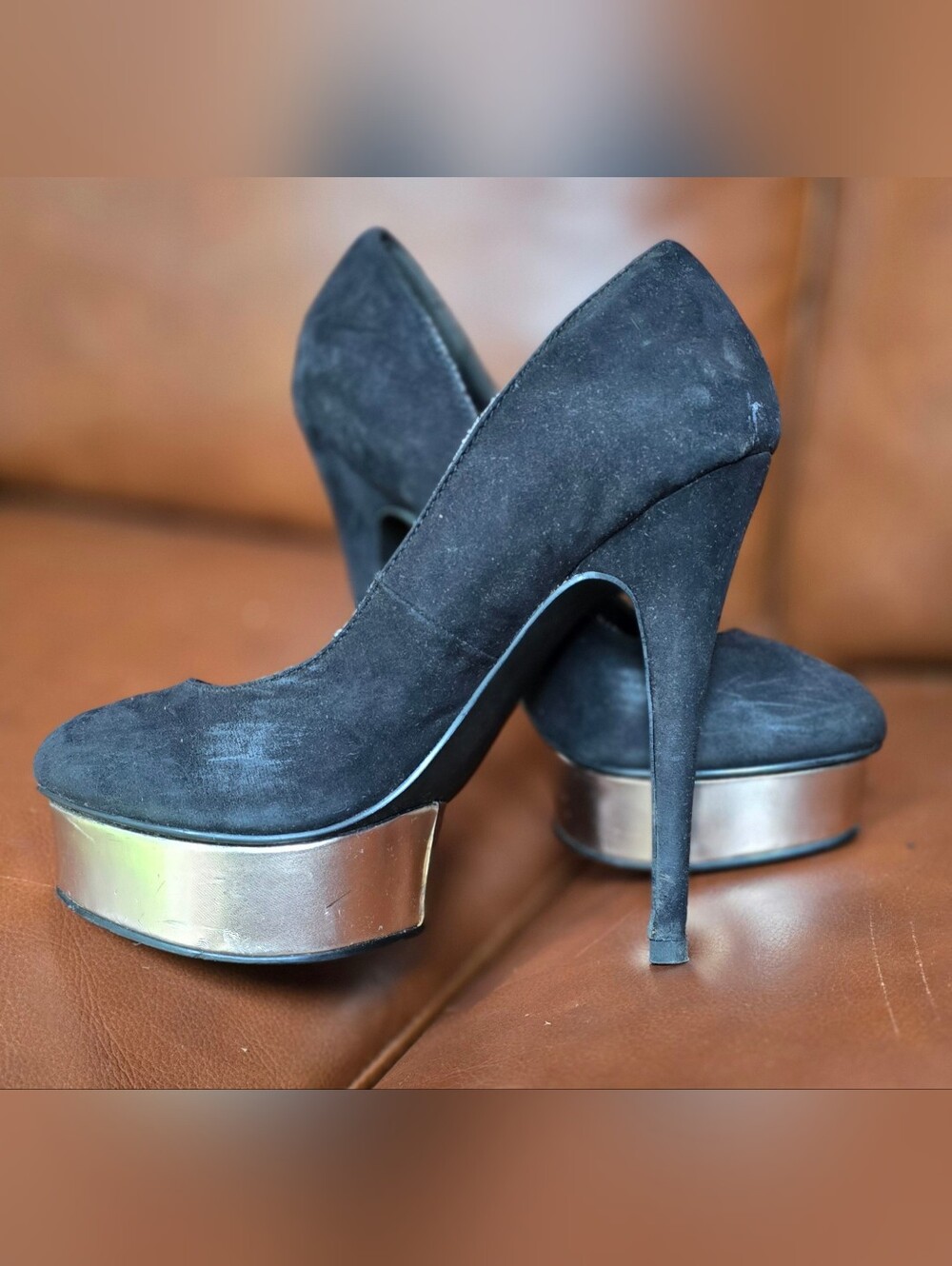 Forever 21 Black Suede Platform Pumps with Silver Metallic Platform